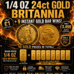 1/4 oz 24ct Gold Britannia Competition with 9 instant gold bar wins, including 8 x 1g gold bars and 1 x 2g gold bar.