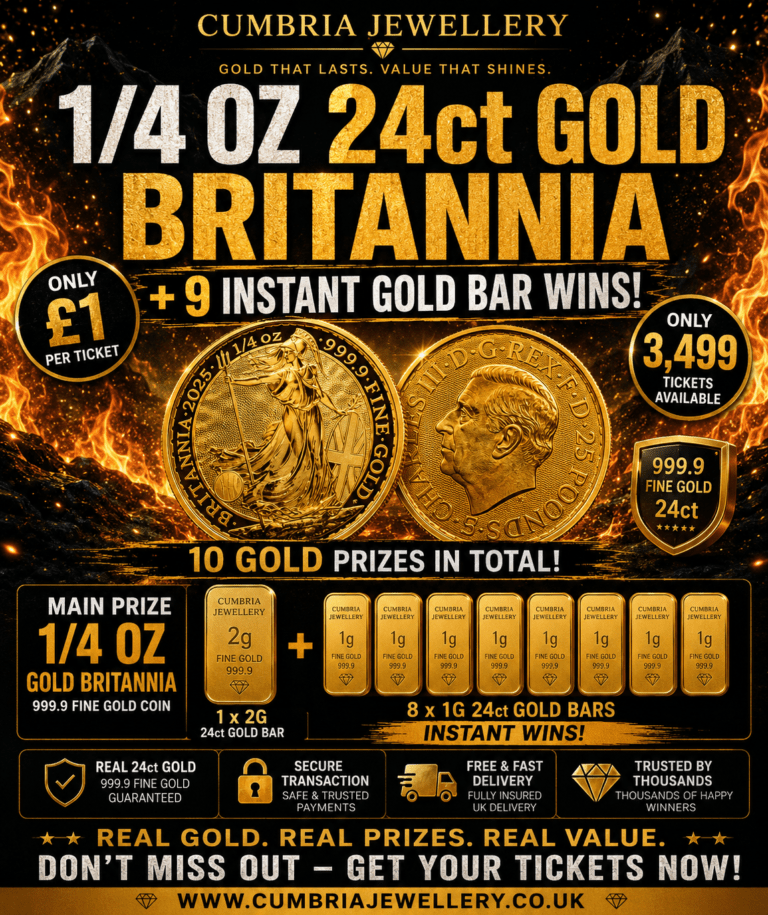 1/4 oz 24ct Gold Britannia Competition with 9 instant gold bar wins, including 8 x 1g gold bars and 1 x 2g gold bar.