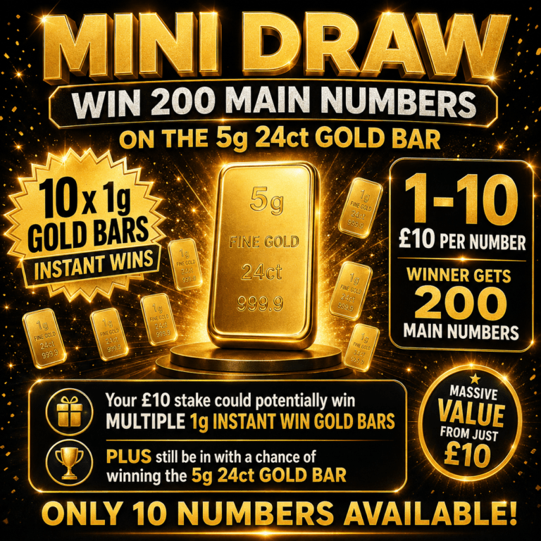 Win 200 main numbers on 5g 24ct Gold Bar competition with 10 x 1g gold instant wins