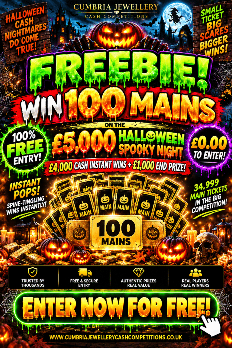 Free competition to win 100 main tickets into the £5,000 Halloween Spooky Night at Cumbria Jewellery Cash Competitions