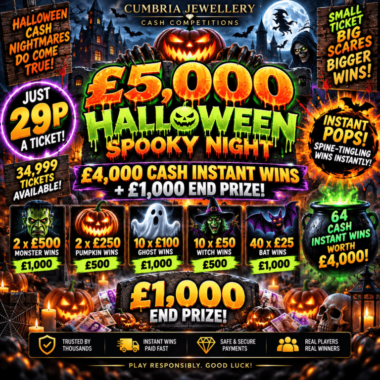 £5,000 Halloween Spooky Night cash competition with £4,000 Instant Pops and a £1,000 end prize for 29p per ticket.