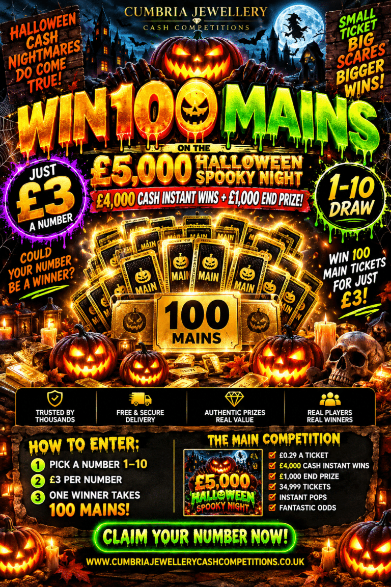 Win 100 mains for £3 – £5,000 Halloween Spooky Night competition at Cumbria Jewellery Cash Competitions