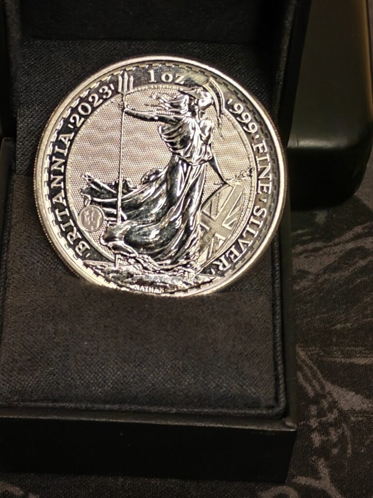 2023 1oz Silver Britannia coin showing Britannia in a black presentation box