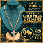 Competition poster featuring a 22-inch 3.2mm 9ct gold rope chain and Royal Baguette cross set worth £910, with tickets at 99p