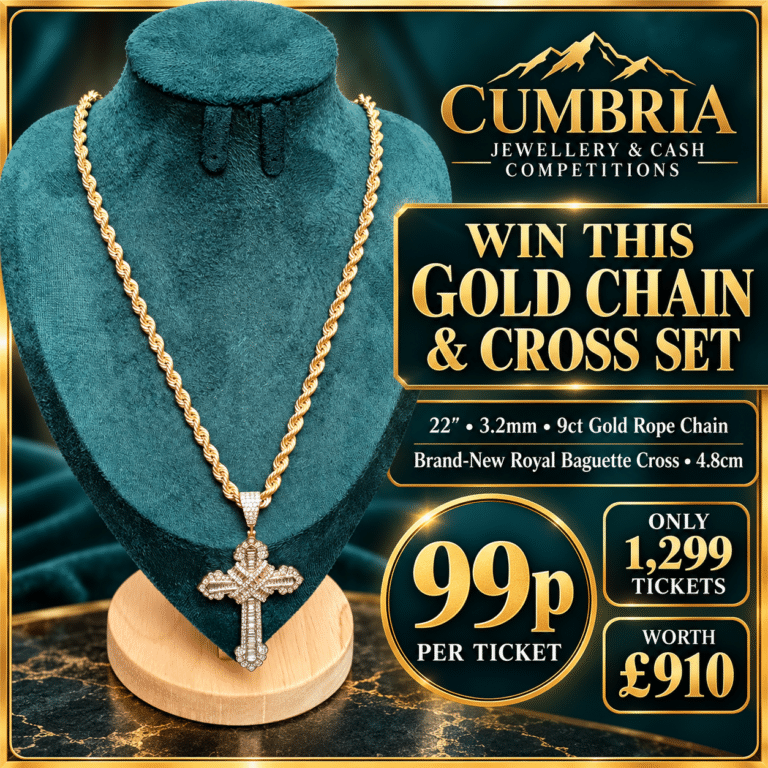 Competition poster featuring a 22-inch 3.2mm 9ct gold rope chain and Royal Baguette cross set worth £910, with tickets at 99p