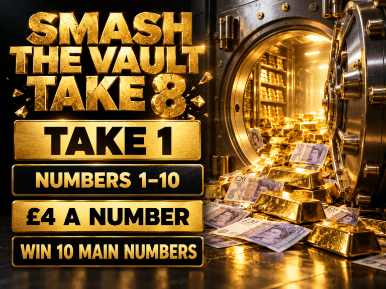 Smash the Vault Take 8 Take 1 graphic showing numbers 1–10 at £4 a number to win 10 main numbers