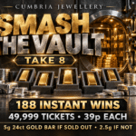 Smash the Vault Take 8 competition graphic featuring gold bars, 188 instant wins and the 24ct gold end prize