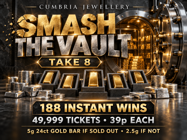Smash the Vault Take 8 competition graphic featuring gold bars, 188 instant wins and the 24ct gold end prize